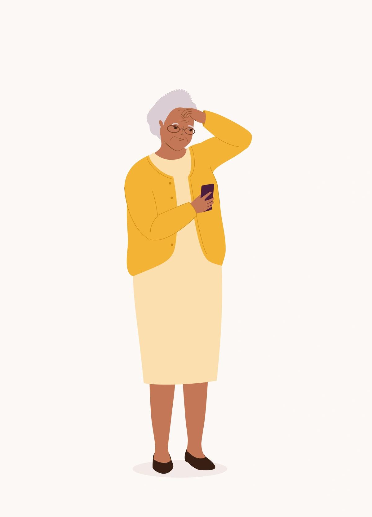 Illustration of a confused older woman looking at her mobile phone