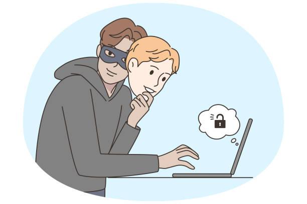 Illustrated image of a man removing his face to reveal a burglar's mask while using a laptop. Top tips to avoid being scammed in online marketplaces. Protect yourself from online scams