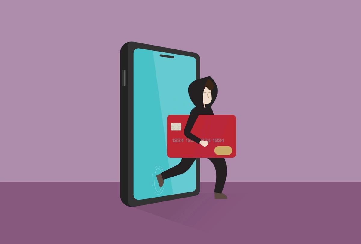 Illustration of a scammer stepping out of a mobile phone with someone's bank card