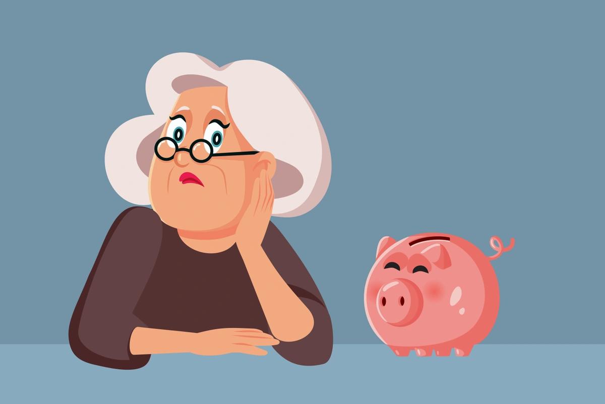 Illustration of worried older woman next to a piggy bank