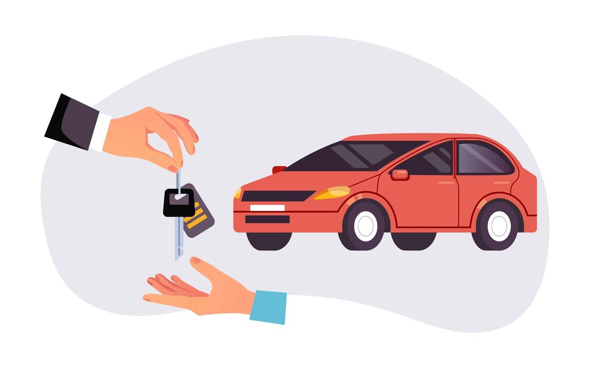 An illustration of a hand passing car keys to another person with a red car in the background.