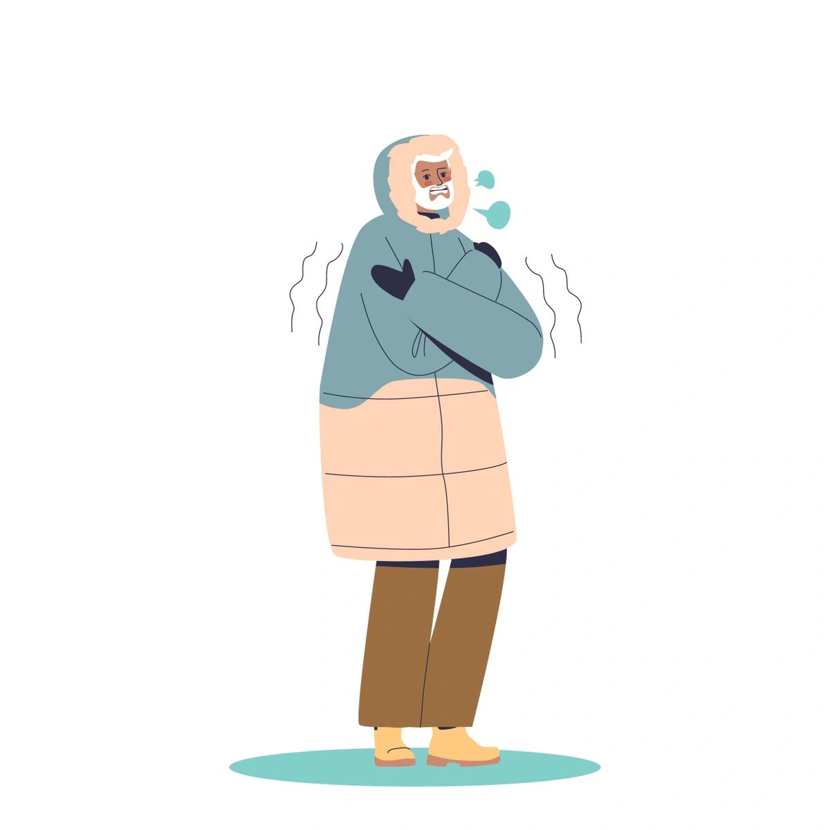 An illustration of a shivering old man wearing a coat and gloves.