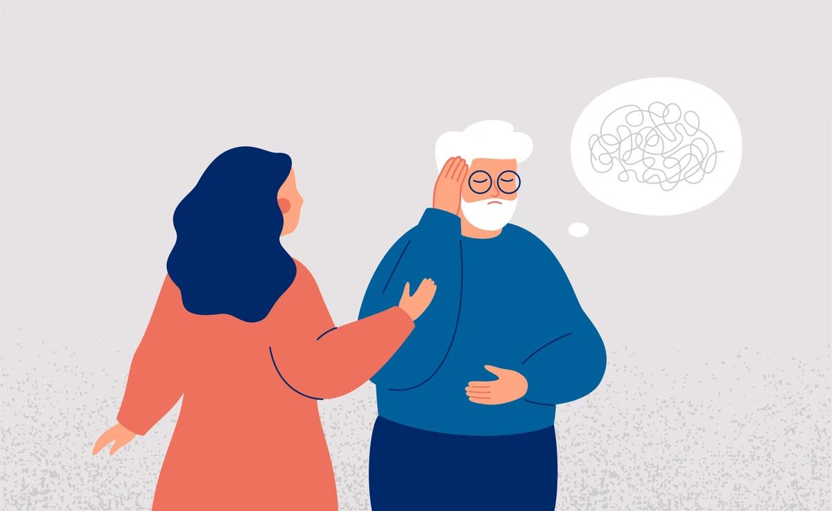 An illustration of a young woman with an older man who has dementia.