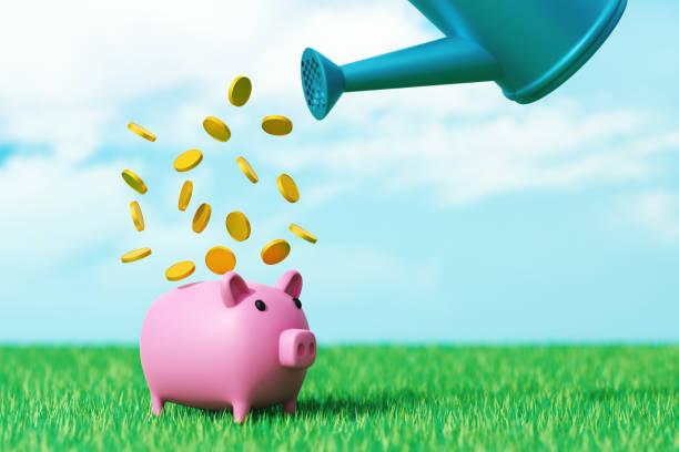 Illustrated image of a watering can filling a piggy bank with coins. Top tips to save money on household bills over summer