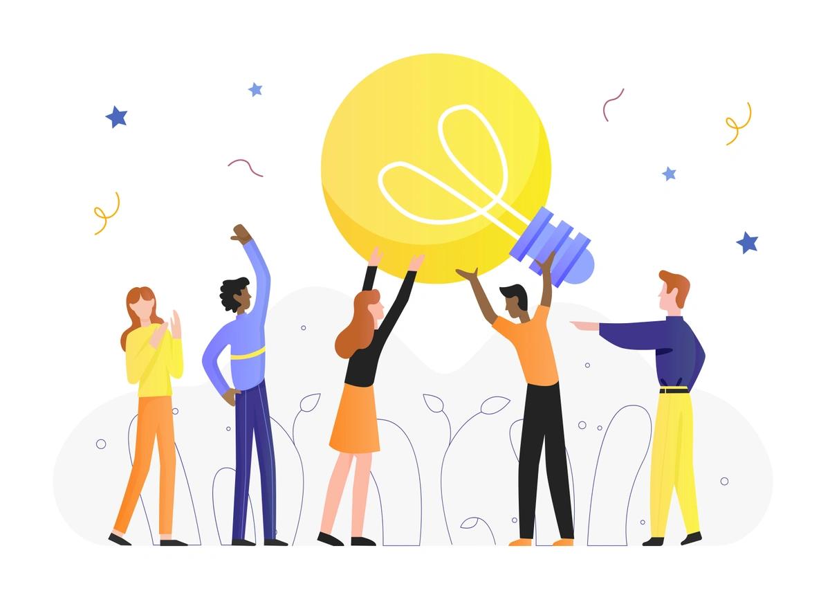 An illustration of people holding up an oversized lightbulb and celebrating.