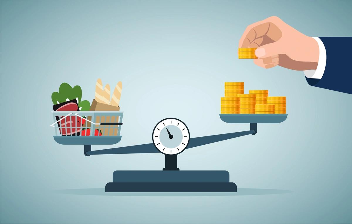 Illustration of weighing scales with a basket of groceries on one side and coins on the other