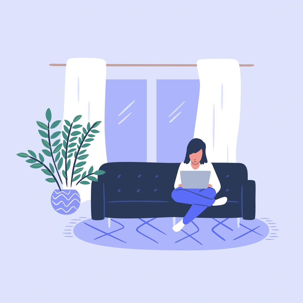 An illustration of a woman who lives on her own using her laptop while she's sat on the sofa in her living room.