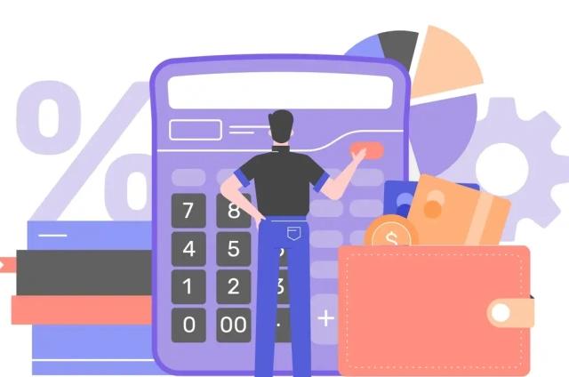 Illustration of man in front of calculator