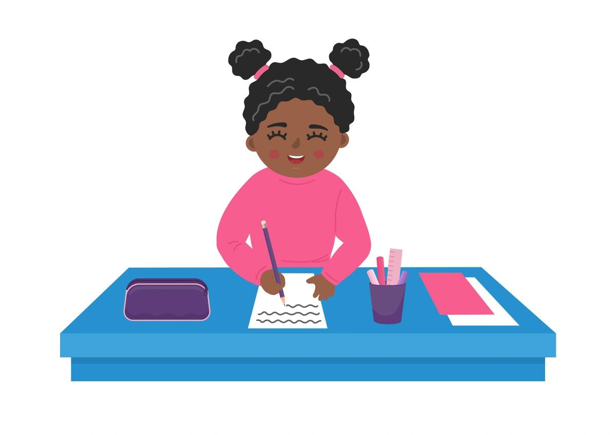 An illustration of a black girl wearing a pink jumper, writing at a desk.
