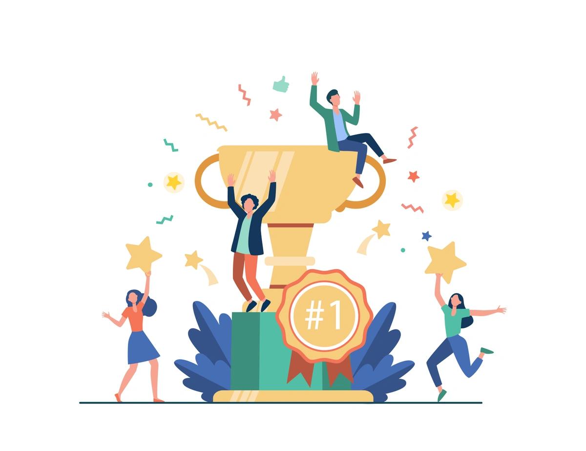 Illustration of an oversized trophy and a #1 rosette surrounded by cheering people