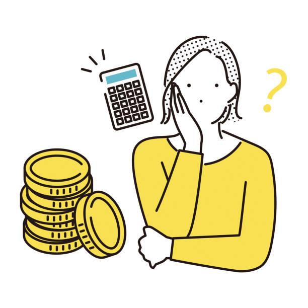 Image of woman looking worried with a calculator and pound coins. Stockport Council delay with  family support vouchers