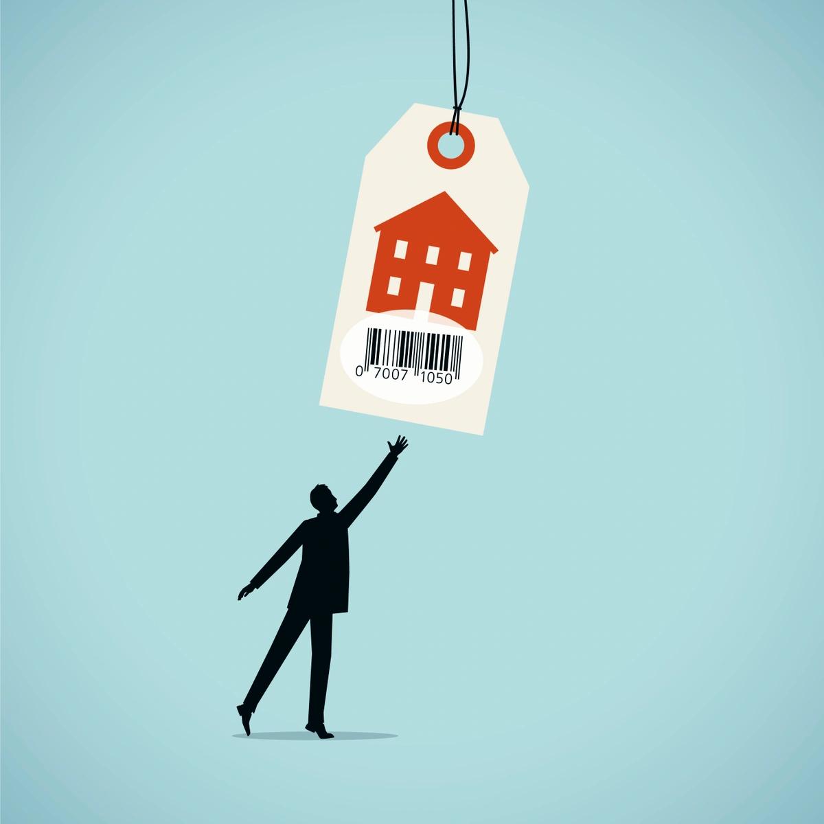 Illustration of person can't reach price tag for house