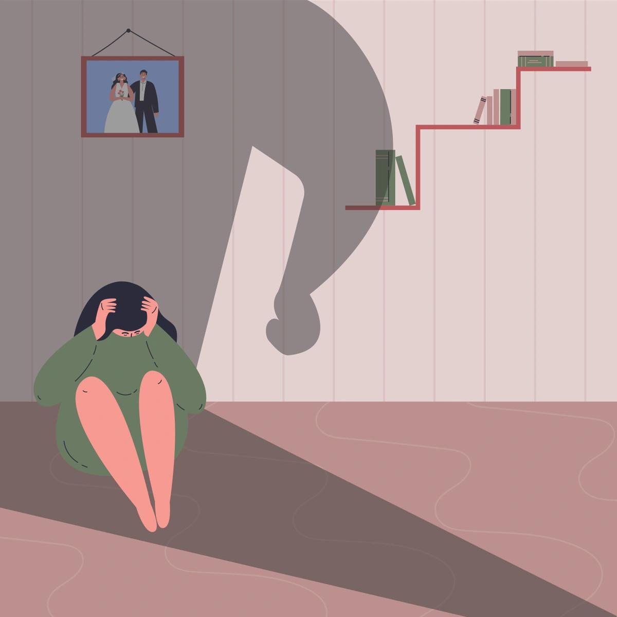 Illustration of a woman cowering in the shadow of her abuser