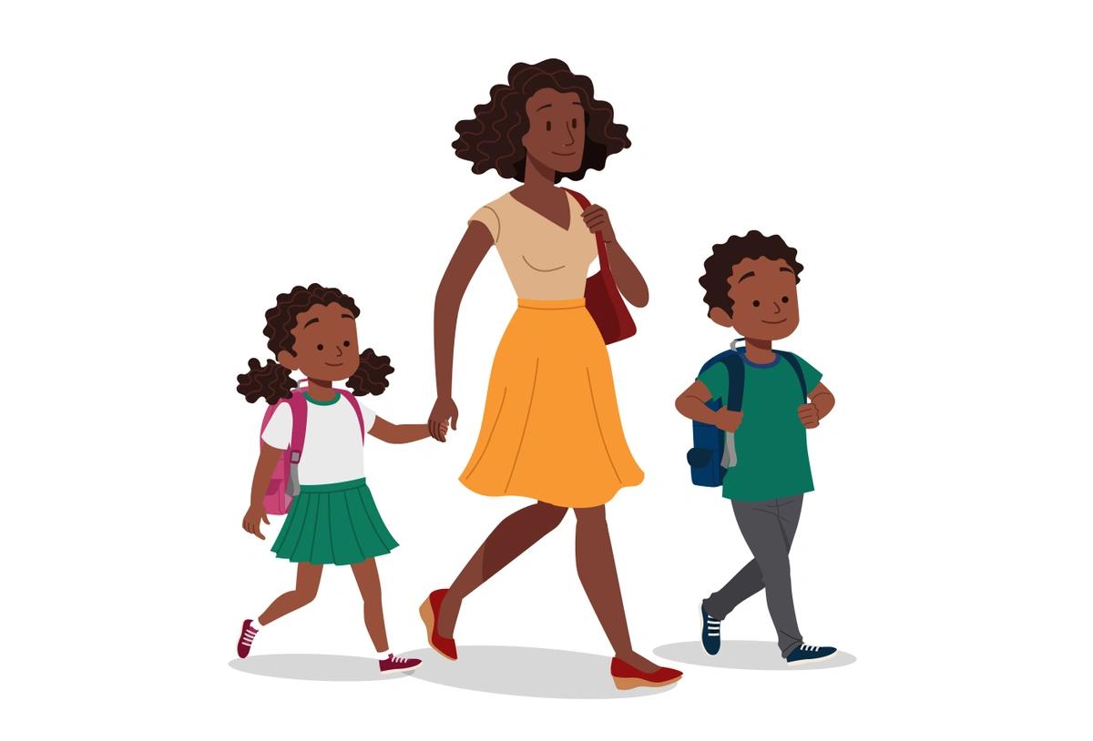 Illustration of a mum and two young children wearing school uniforms
