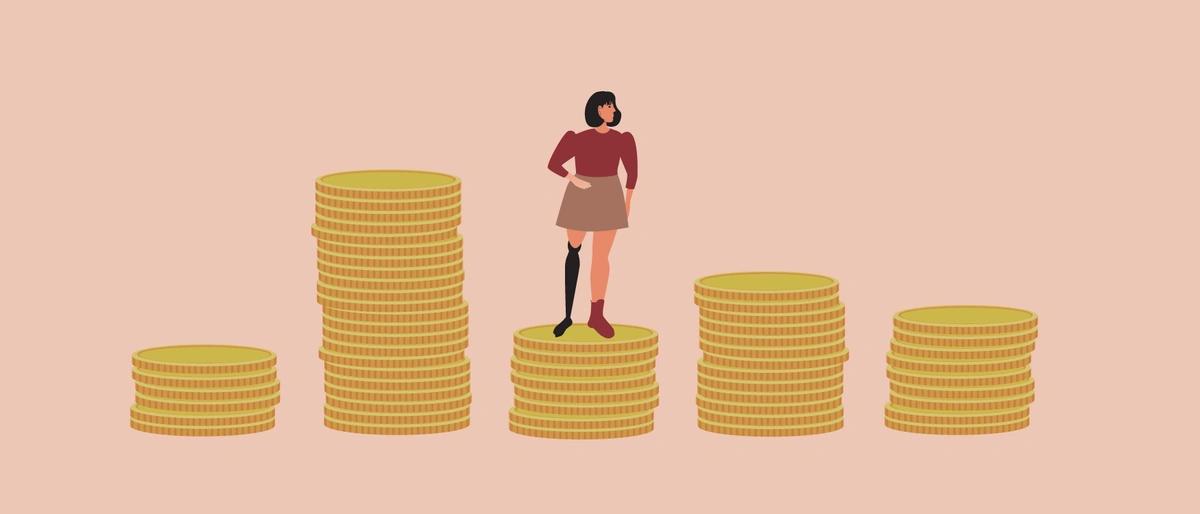 An illustration of a dark-haired woman with a prosthetic right leg standing on the middle of five stacks of coins of varying heights.