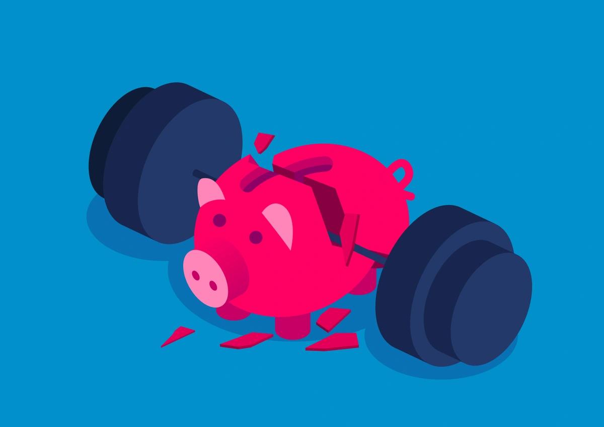Illustration of a piggy bank that has been cracked in two by a heavy barbell