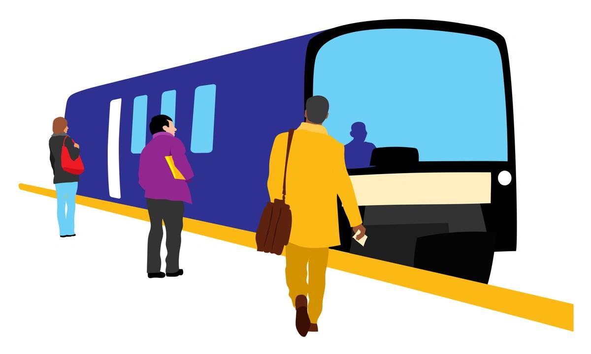 An illustration of people on a railway platform approaching a train.