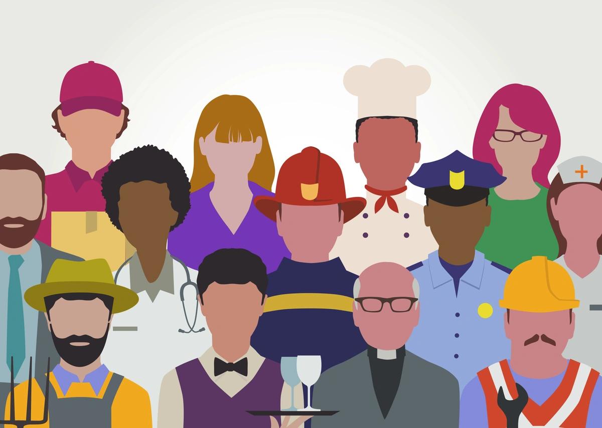 An illustration of 13 people from different professions.