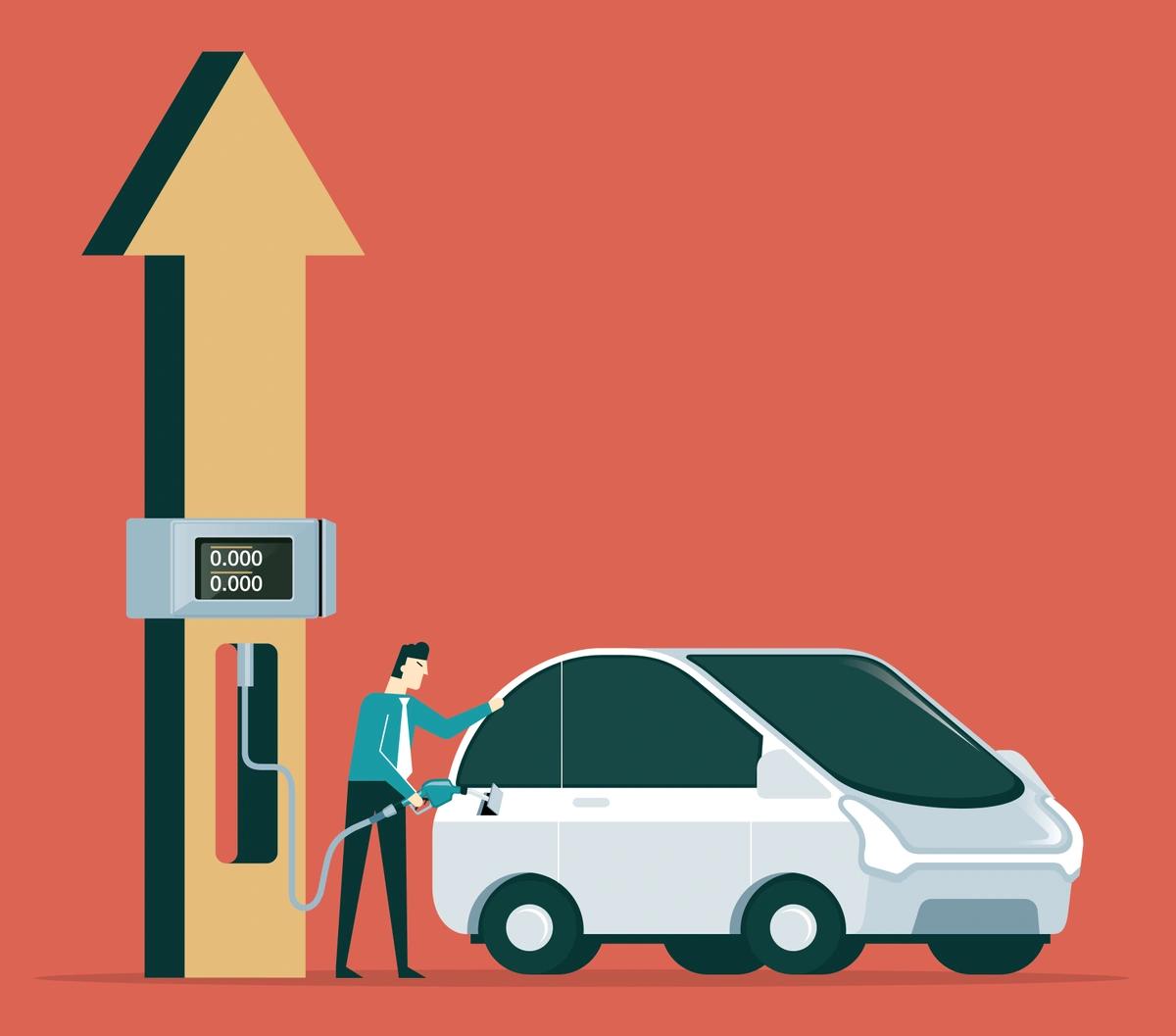 An illustration of a man putting petrol in his car from an upward arrow-shaped petrol pump, symbolising rising fuel prices.