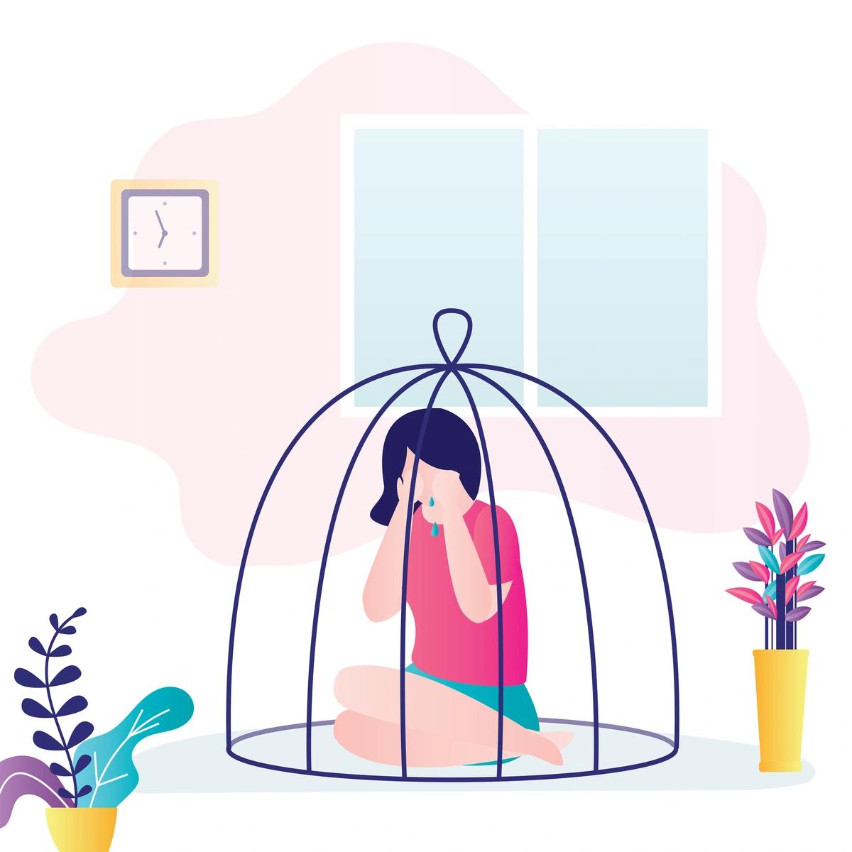 Illustration of woman trapped in cage