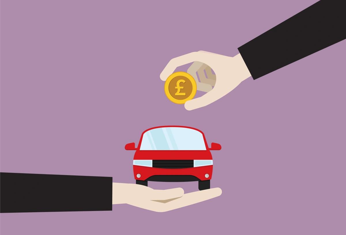 An illustration of a £1 coin being exchanged for a red car.