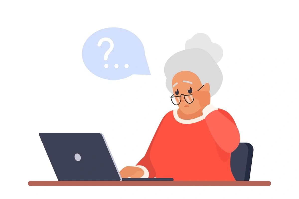 Illustration of older person looking confused on computer