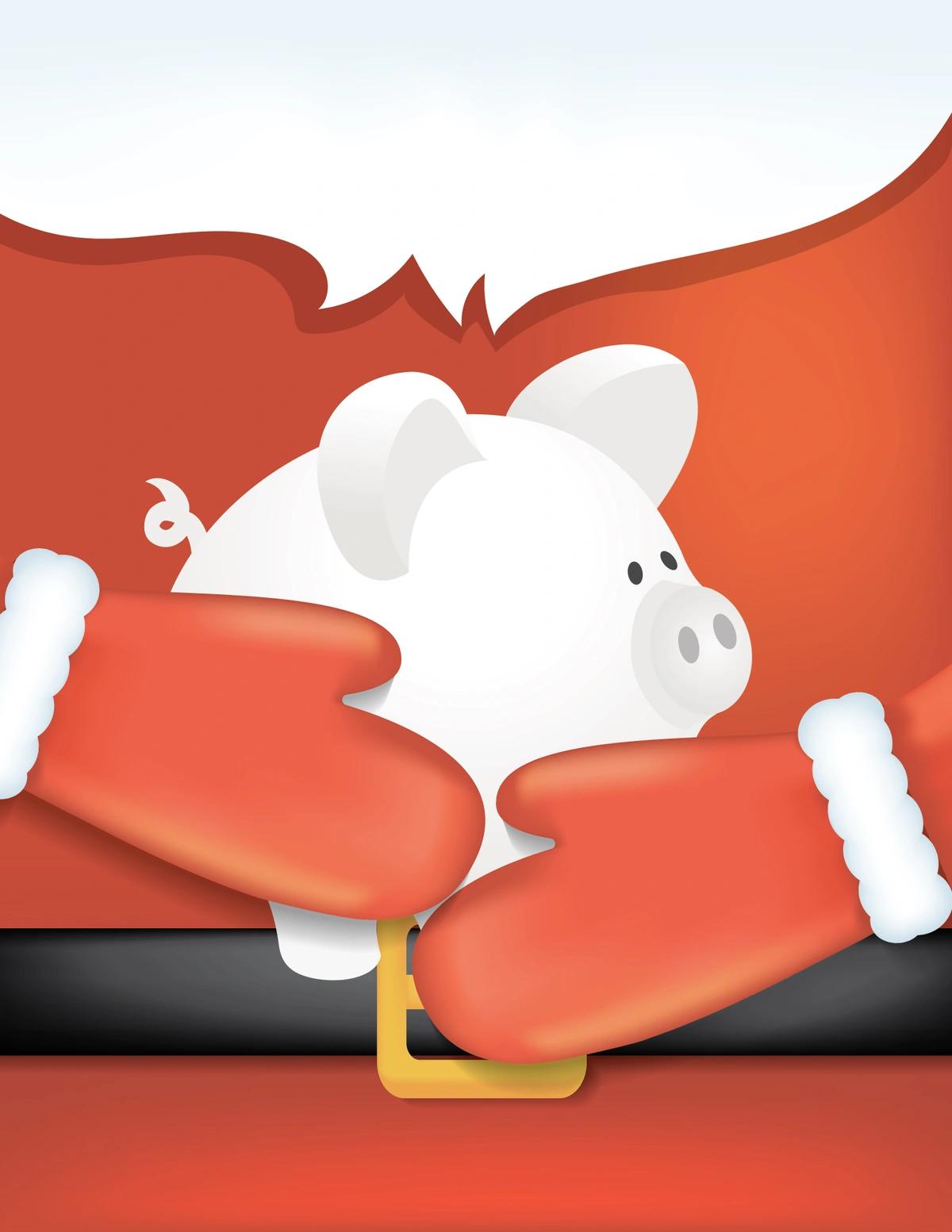 A close-up illustration of Santa Claus holding a white piggy bank close to his chest.