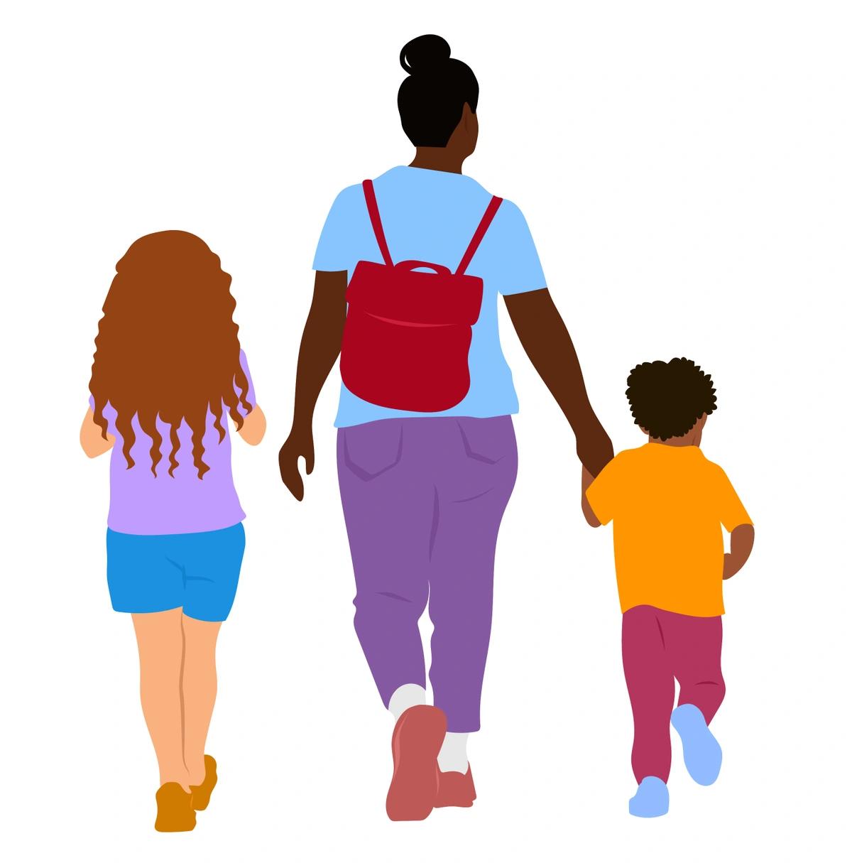 Illustration of mother taking children to school