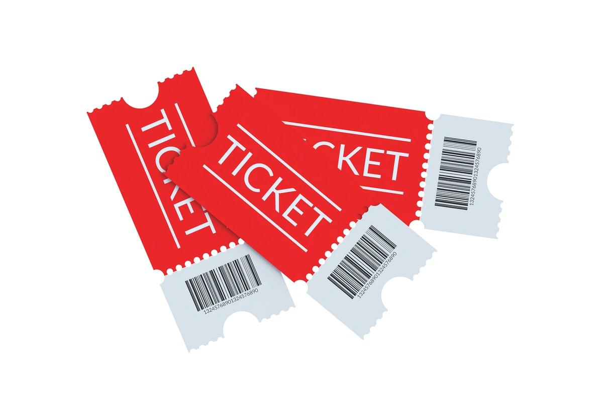 An illustration of three red and white tickets for a concert.