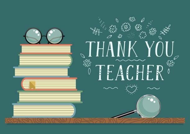 Illustrated image of books with glasses on top saying thank you teacher. Get a free Moonpig teacher thank you card. Teacher appreciation gifts. Thank your kids' teachers for free