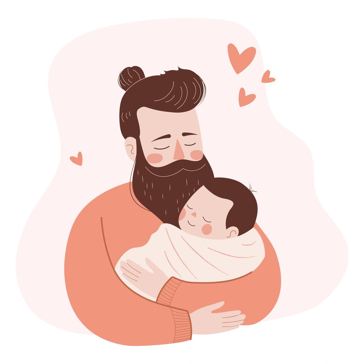 An illustration of a dad with a beard hugging a newborn baby.