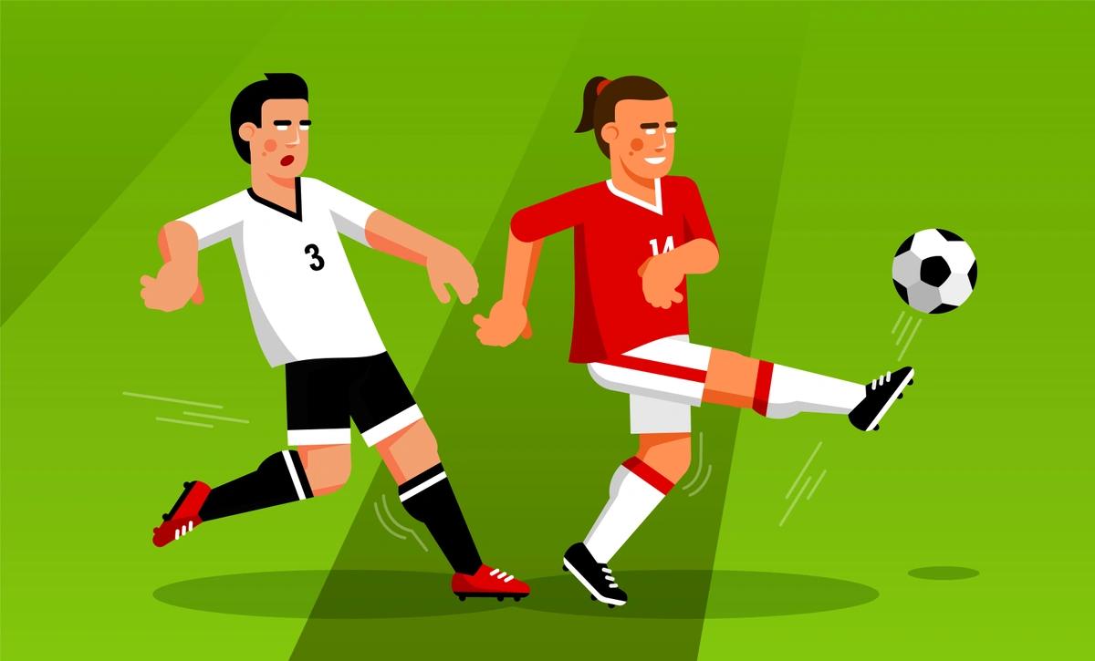 An illustration of a footballer in red and white kit kicking a ball away from another player in black and white kit.