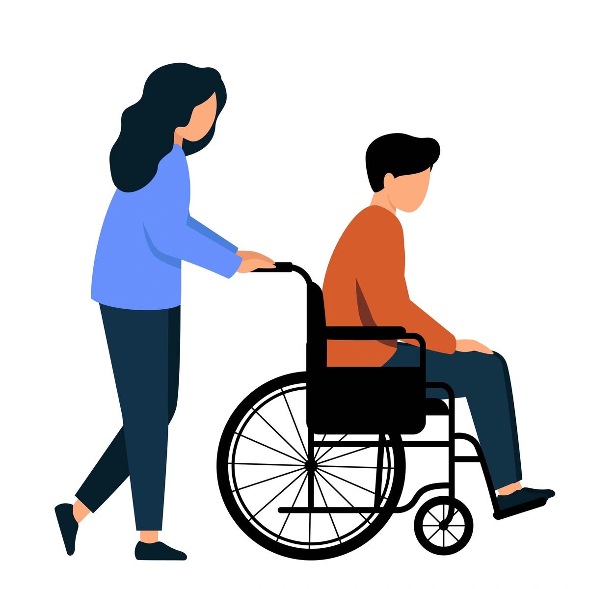 Illustration of carer pushing person in wheelchair