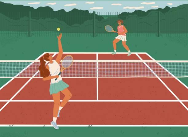 Illustrated image of two people playing tennis. Cheap ways to play tennis. The Wimbledon effect. How to get into tennis for less