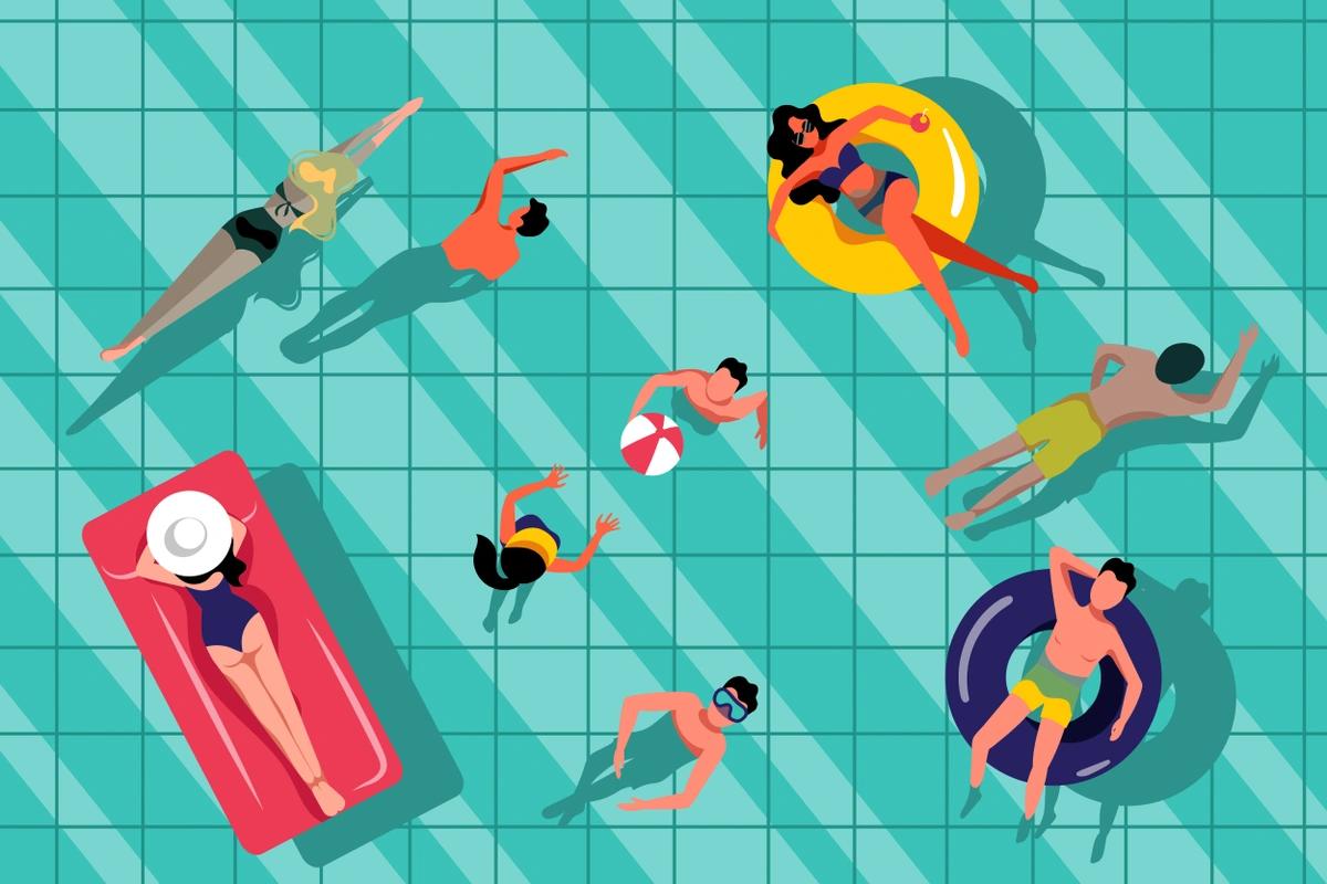 A top-down illustration of nine people in a swimming pool with rings, a lilo and a beach ball.