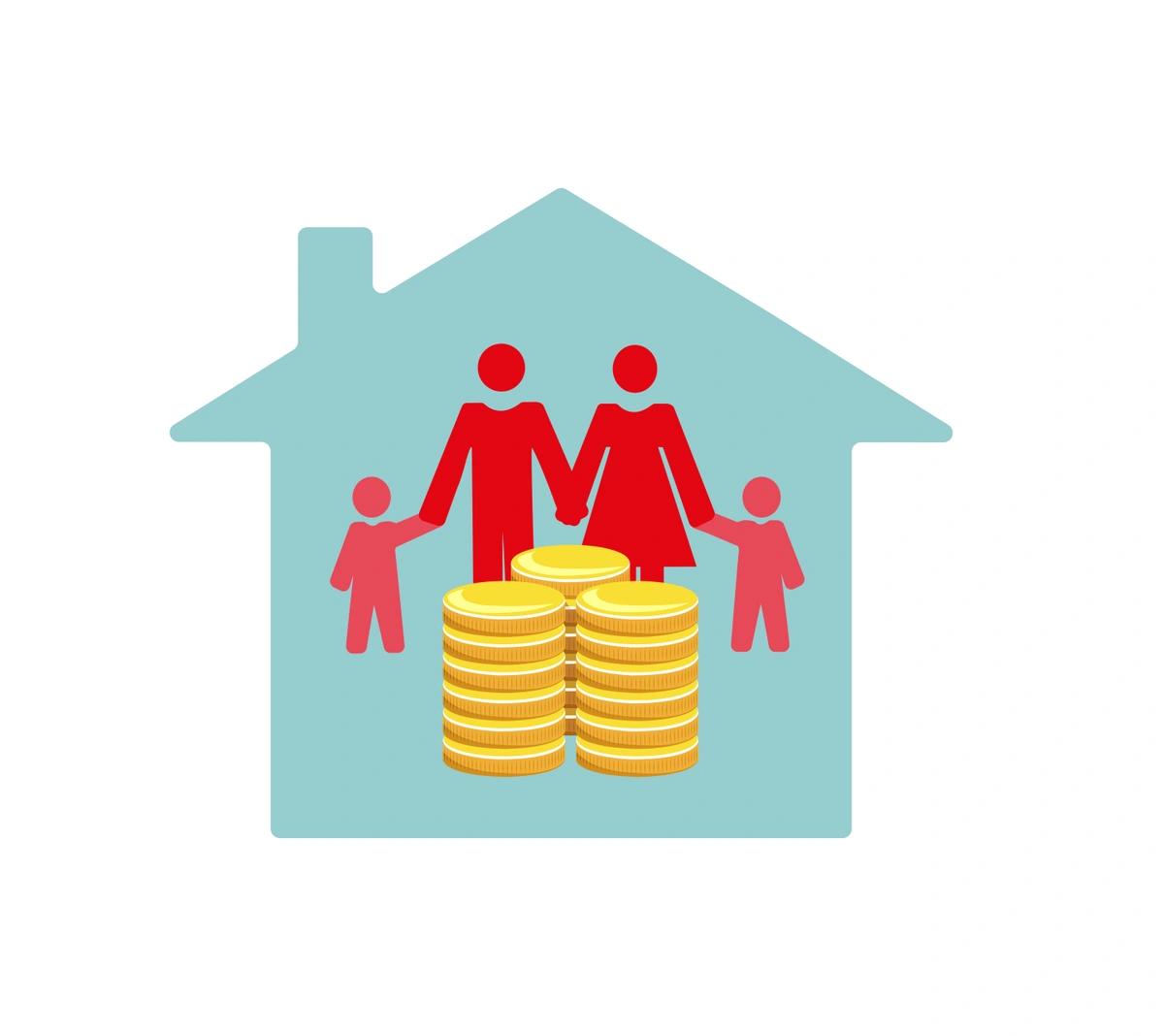 An illustration of two parents and two kids inside a house with a stack of coins in front of them.