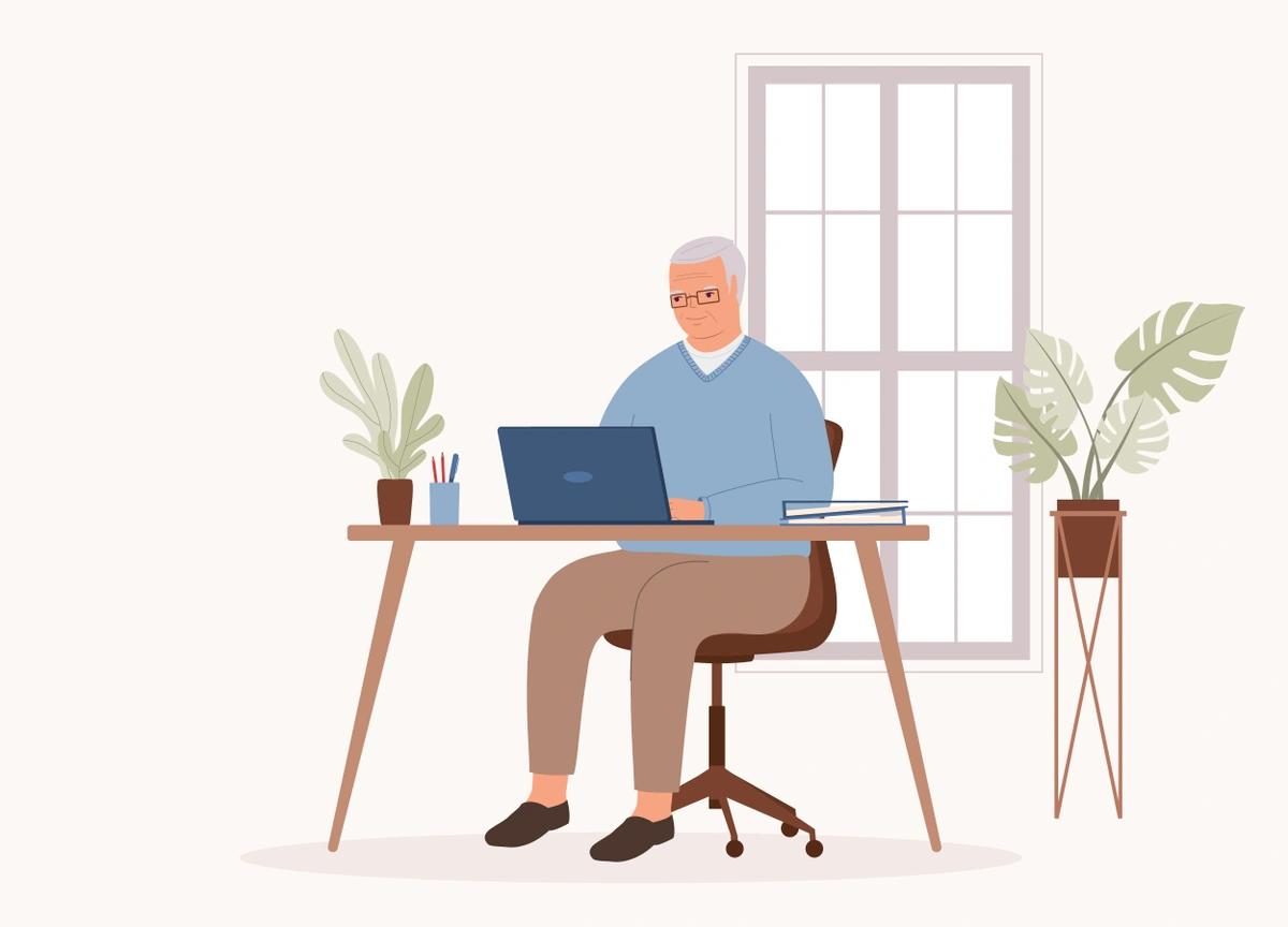 An illustration of an older man filling in an online pension credit application.