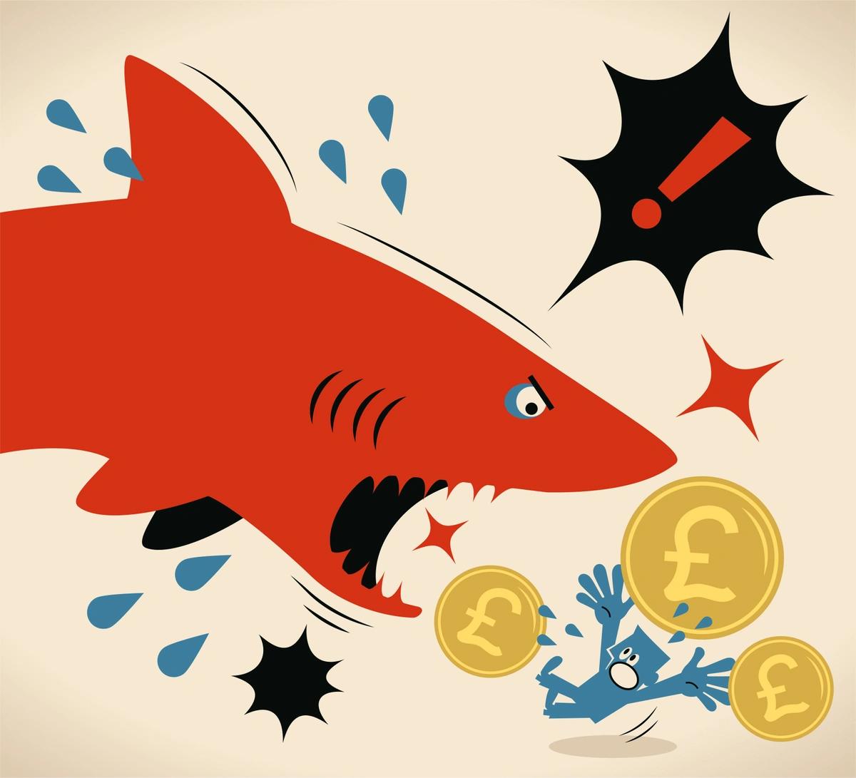 Illustration of a shark gobbling up a man and his money