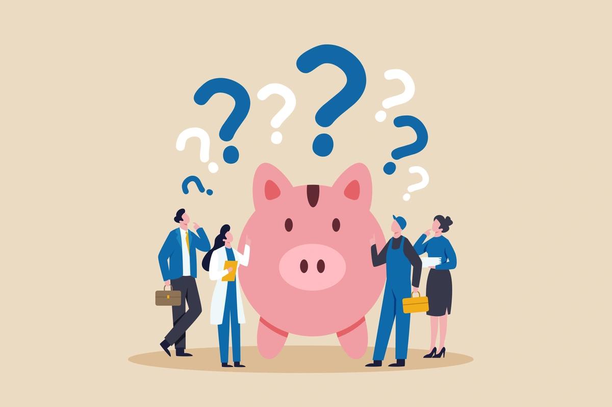 An illustration of a group of adults from different professions surround an oversized piggy bank with question marks above their heads to signify confusion about money.