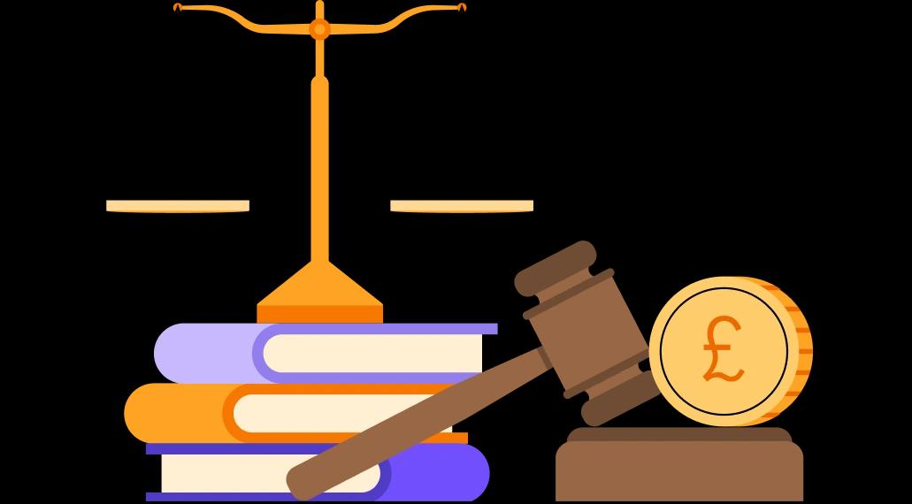 Scales of justice on books with a judge's gavel and coin