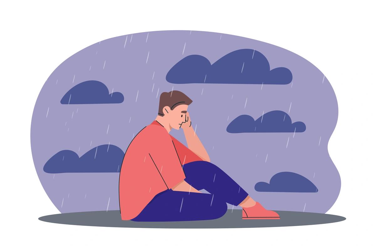 Illustration of man crying in the rain