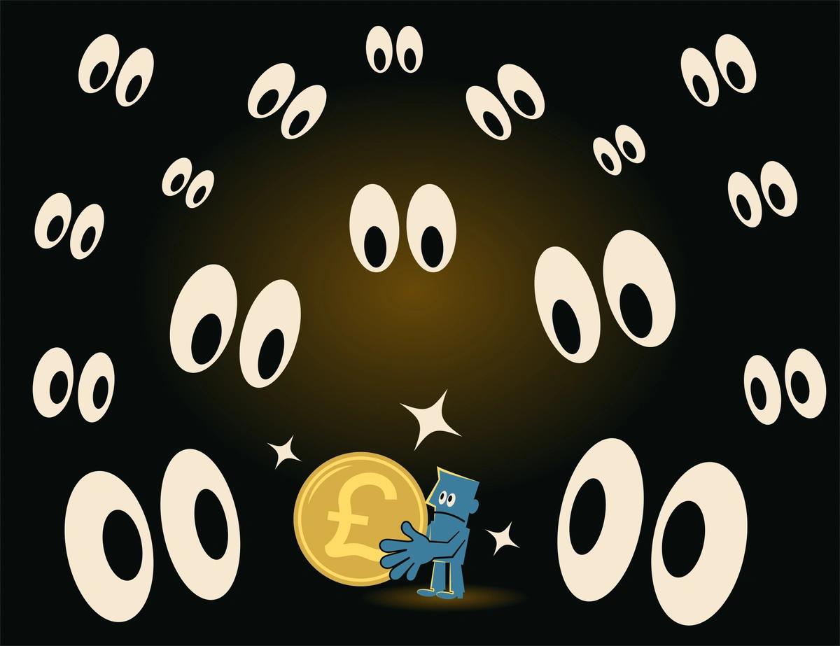 An illustration of a man holding a £1 coin as he's watched by 16 pairs of eyes in the dark.