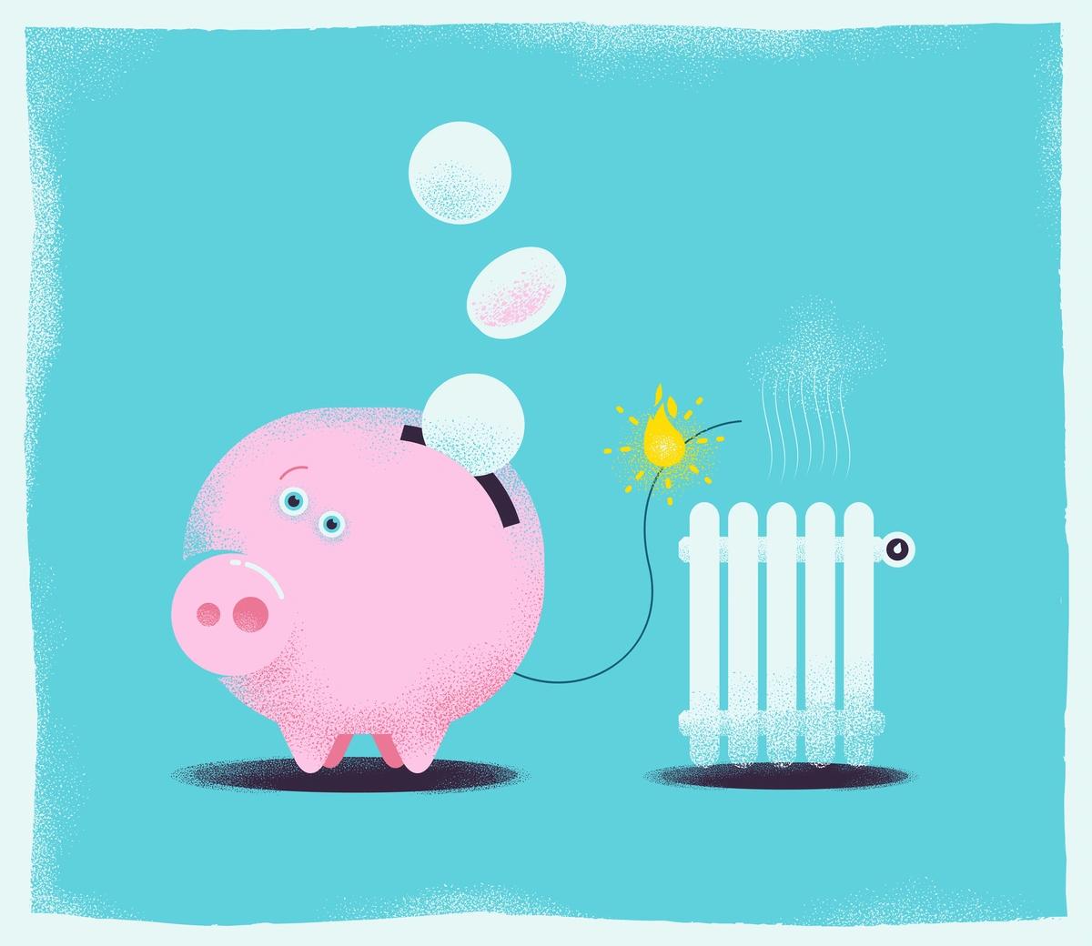 Illustration of piggy bank connected to steaming radiator to signify energy bill