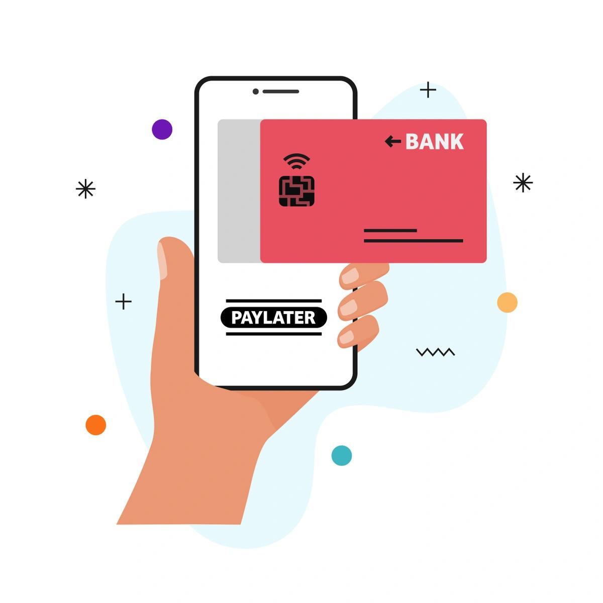 An illustration of someone using buy now, pay later on their phone. A bank card is on the screen with the text 'PAY LATER'.