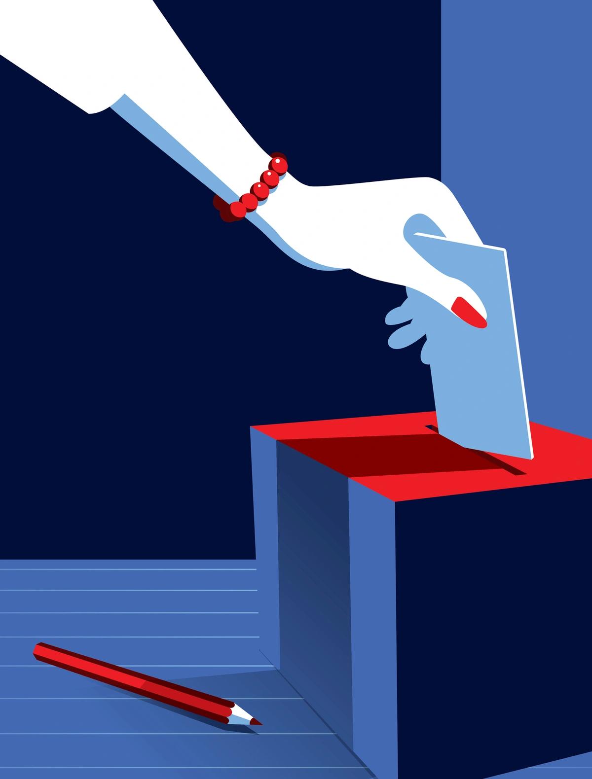 Colourful illustration of person with red nail polish casting vote in ballot box
