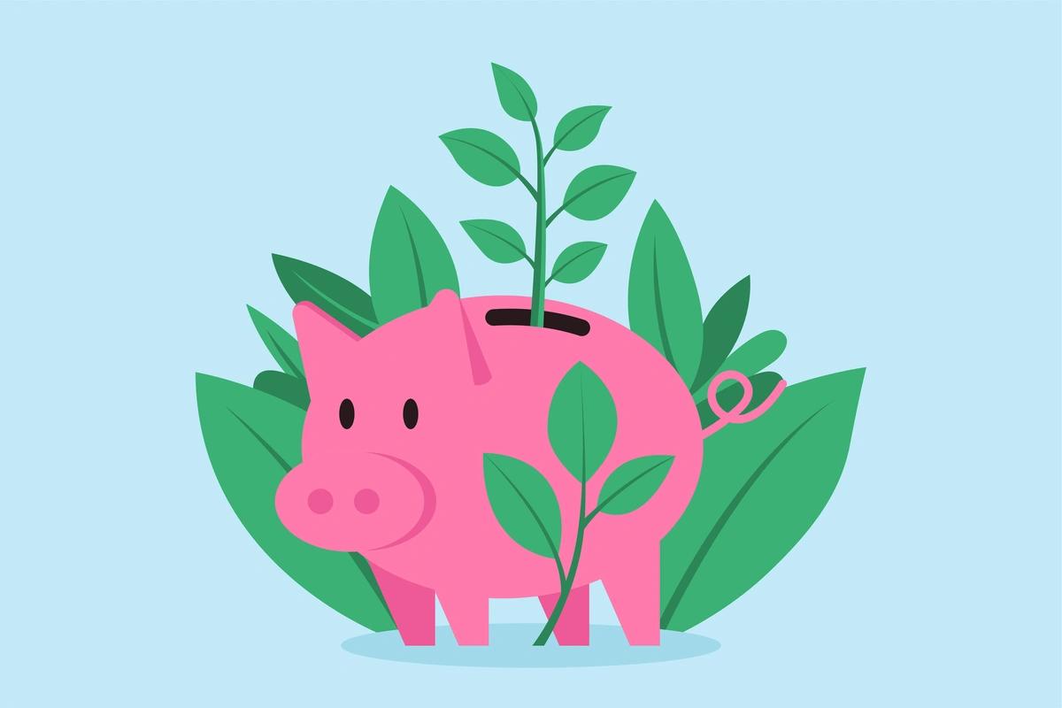 Illustration of piggy bank with plants growing out of it