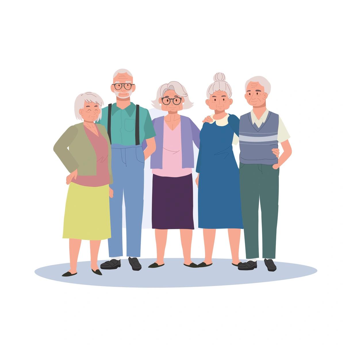 An illustration of a group of older people - three women and two men.