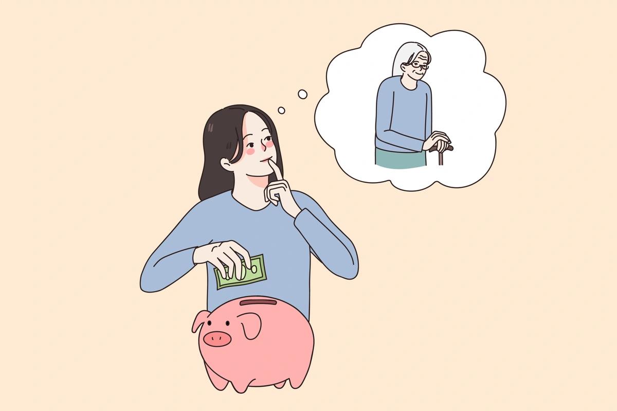 An illustration of a young woman putting money in a piggy bank, as she thinks about her retirement.