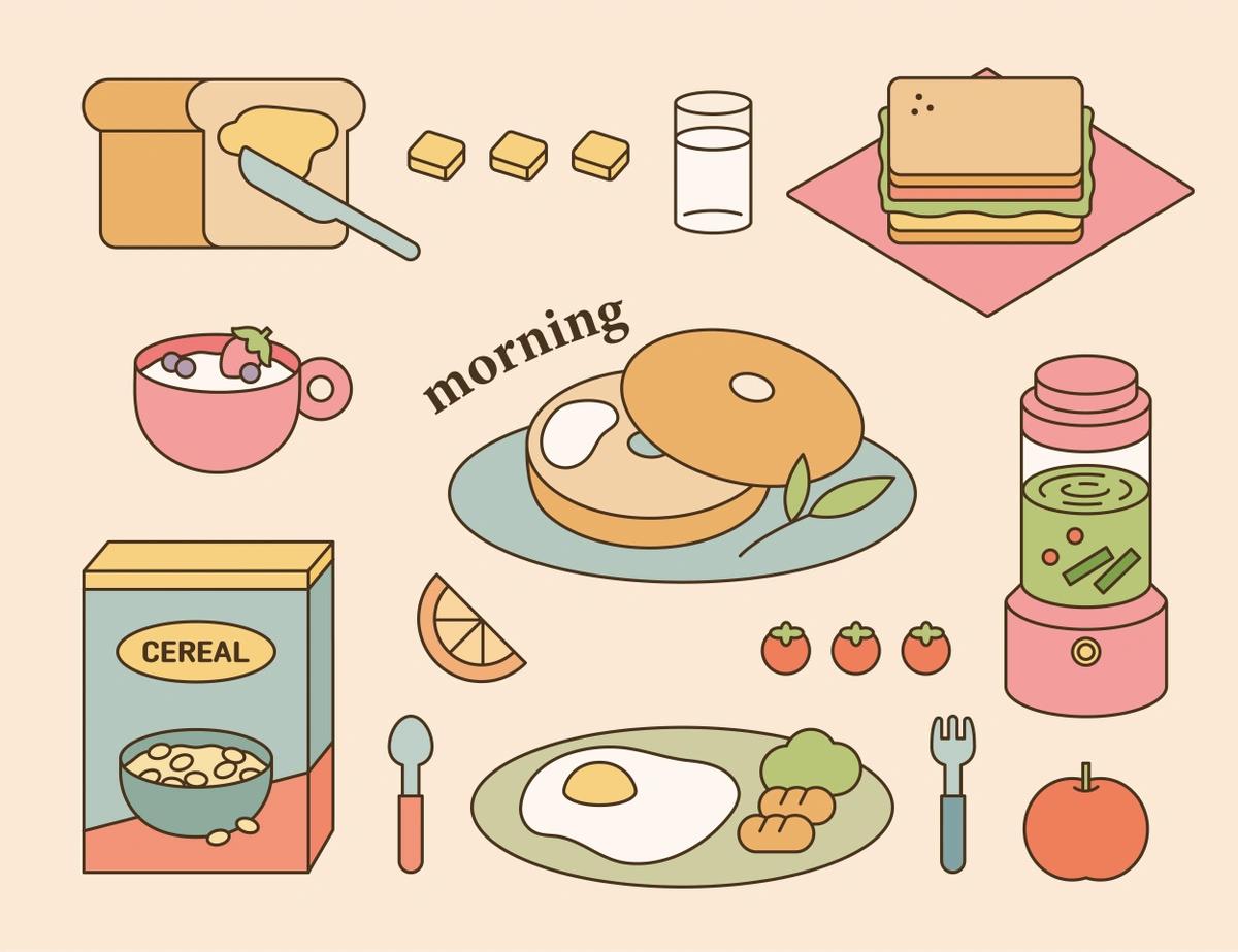 An illustration with the text 'morning' surrounded by different breakfast foods, including toast and butter, milk, a sandwich, a bagel, cereal, eggs, fruit and a smoothie.