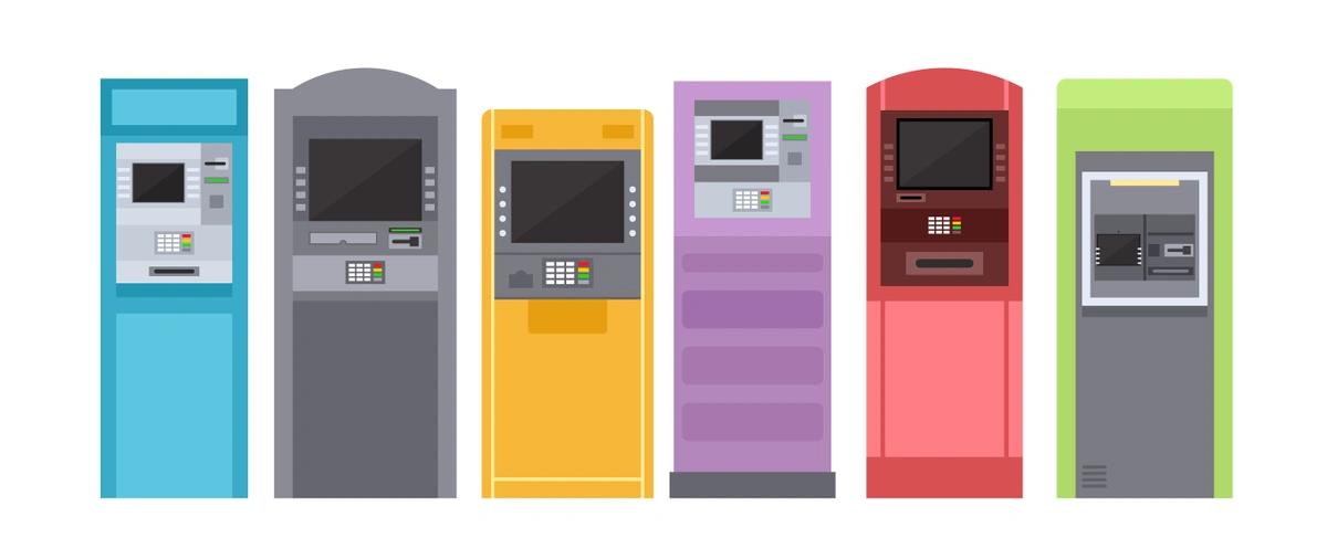 Illustration of colourful ATMs of different shapes and sizes in a row